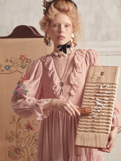 Unlogical Poem Puff Sleeve Embroidered Dress with Camisole