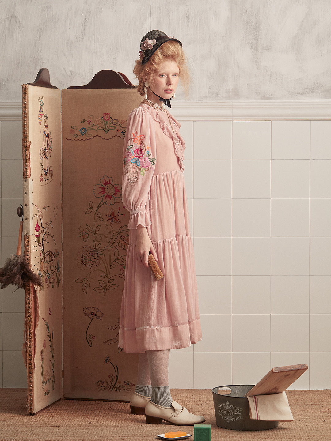 Unlogical Poem Puff Sleeve Embroidered Dress with Camisole