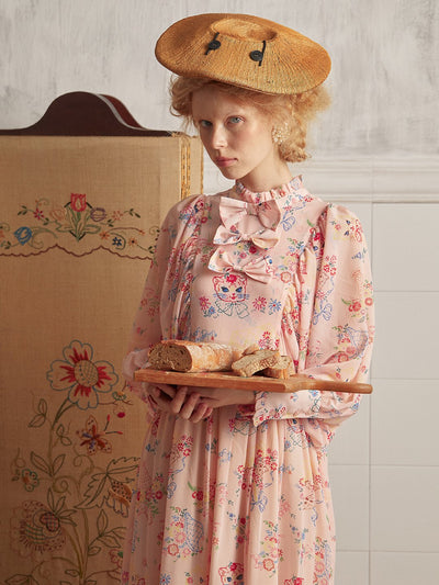 Unlogical Poem Vintage-style Cat Illustration Printed Chiffon Dress