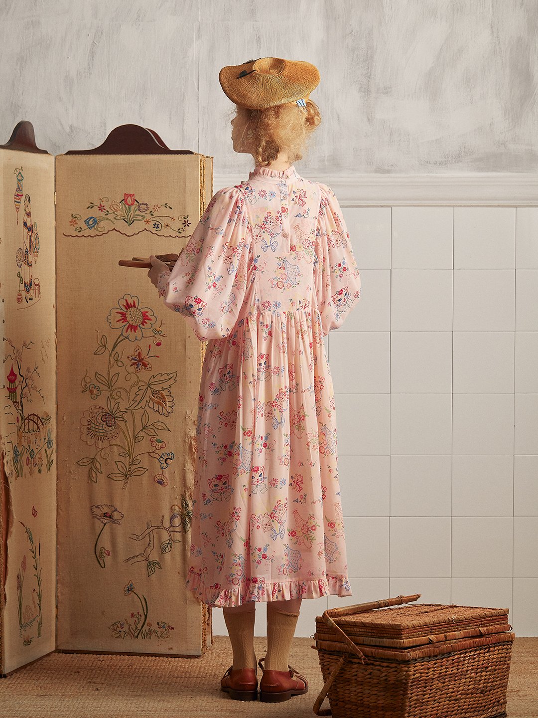 Unlogical Poem Vintage-style Cat Illustration Printed Chiffon Dress