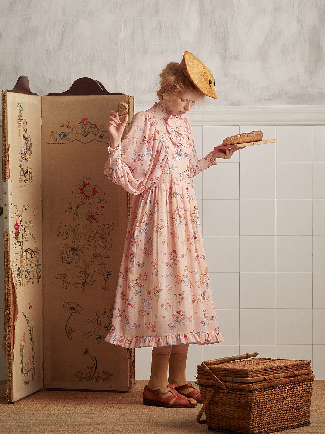 Unlogical Poem Vintage-style Cat Illustration Printed Chiffon Dress