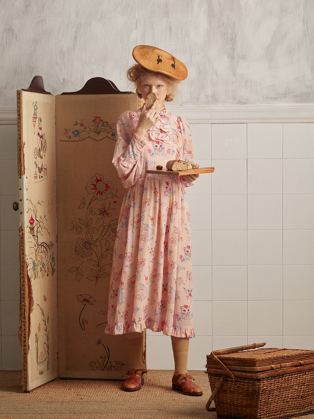 Unlogical Poem Vintage-style Cat Illustration Printed Chiffon Dress