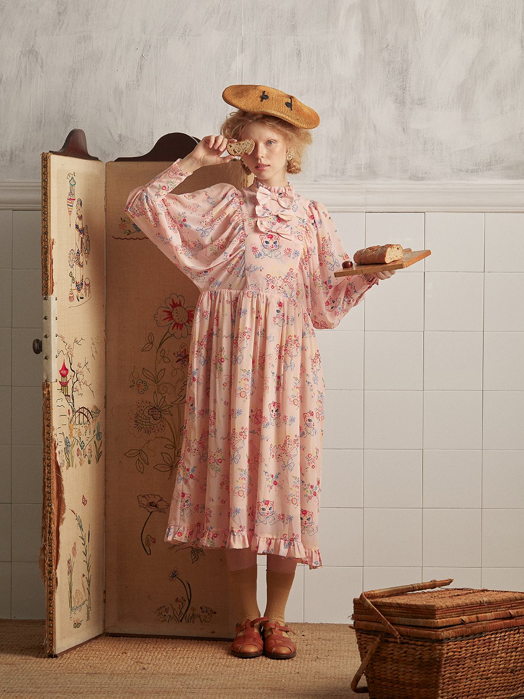 Unlogical Poem Vintage-style Cat Illustration Printed Chiffon Dress