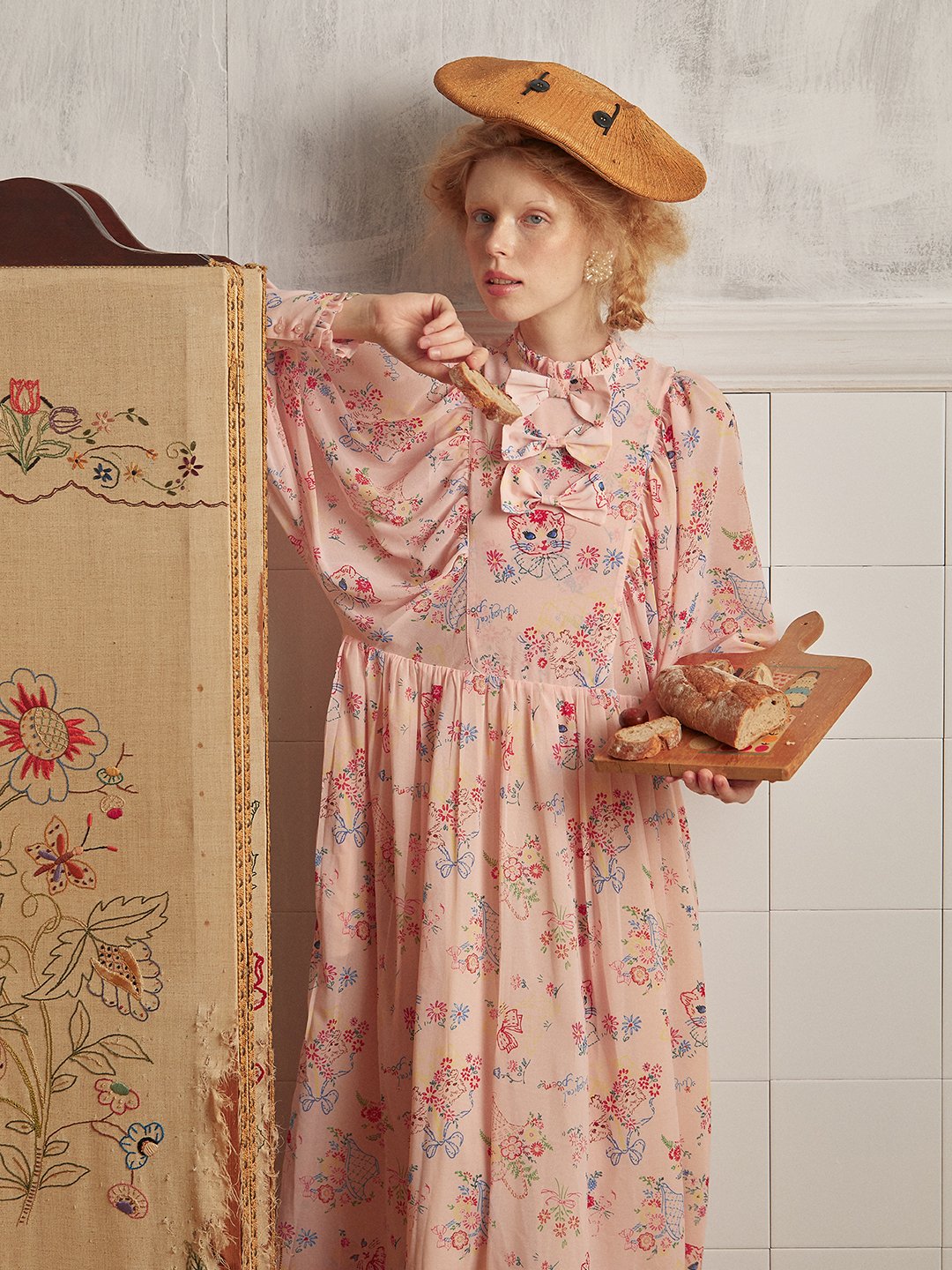 Unlogical Poem Vintage-style Cat Illustration Printed Chiffon Dress