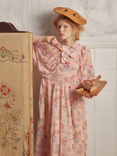 Unlogical Poem Vintage-style Cat Illustration Printed Chiffon Dress