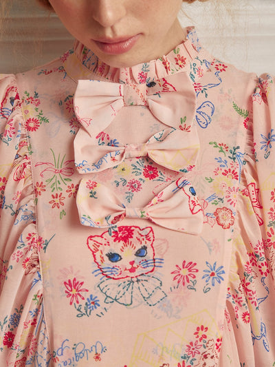 Unlogical Poem Vintage-style Cat Illustration Printed Chiffon Dress