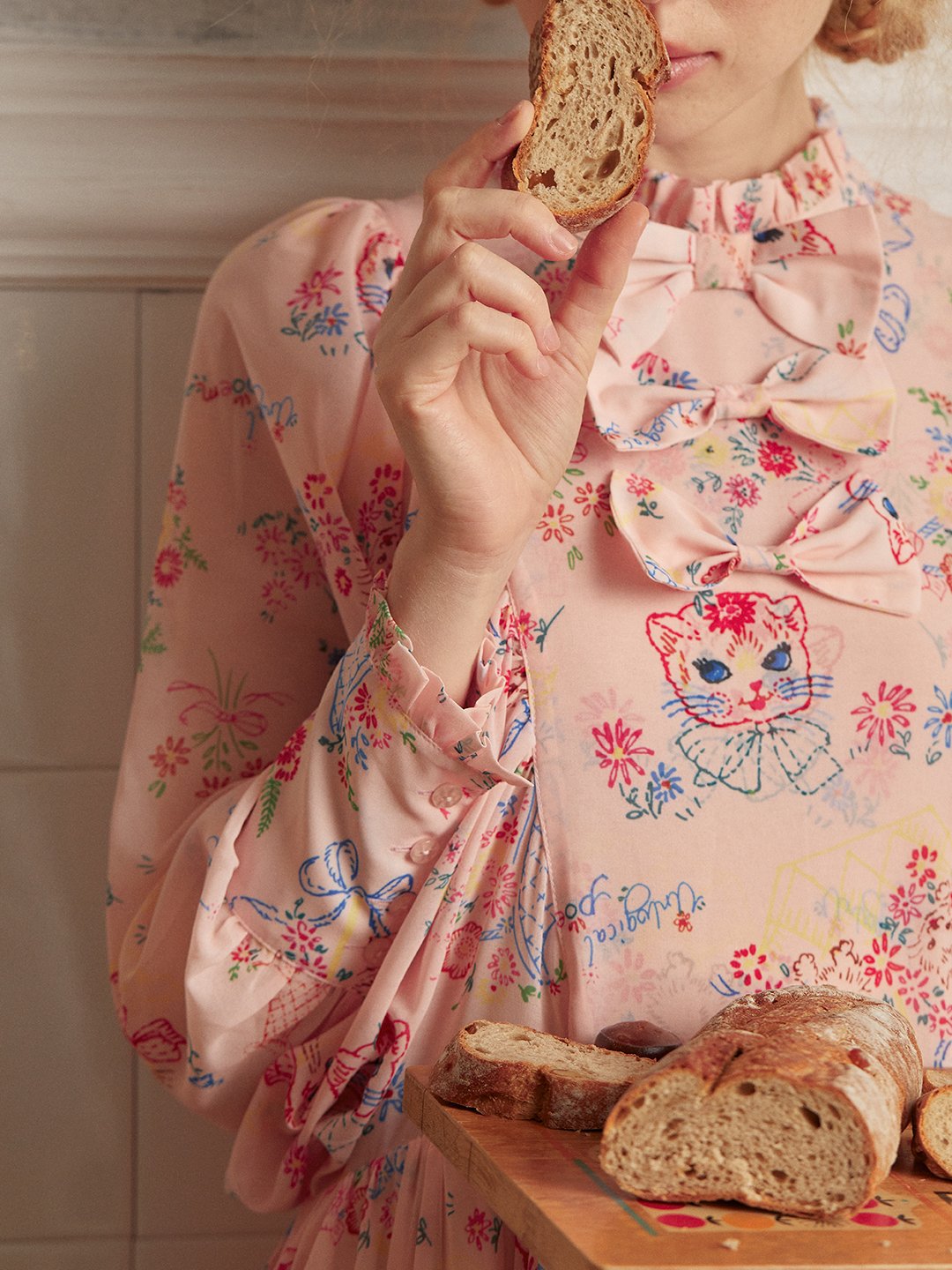 Unlogical Poem Vintage-style Cat Illustration Printed Chiffon Dress