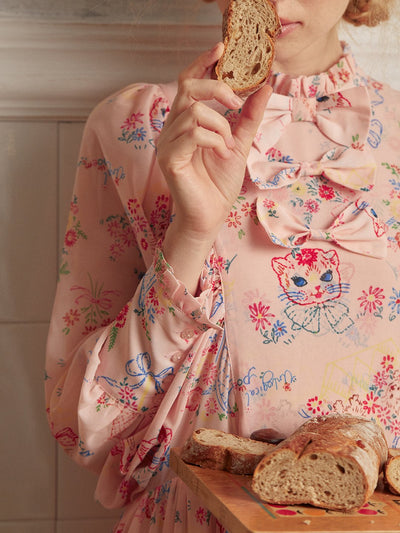 Unlogical Poem Vintage-style Cat Illustration Printed Chiffon Dress