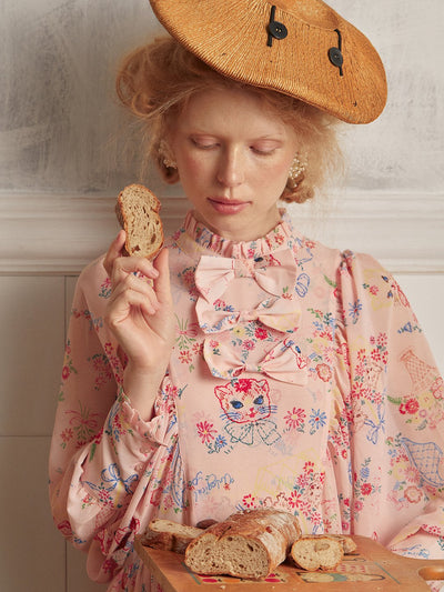 Unlogical Poem Vintage-style Cat Illustration Printed Chiffon Dress