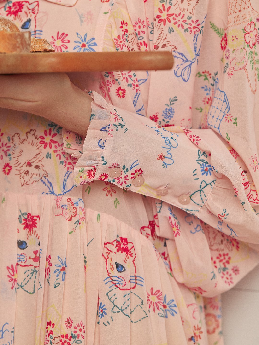 Unlogical Poem Vintage-style Cat Illustration Printed Chiffon Dress