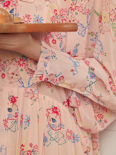 Unlogical Poem Vintage-style Cat Illustration Printed Chiffon Dress