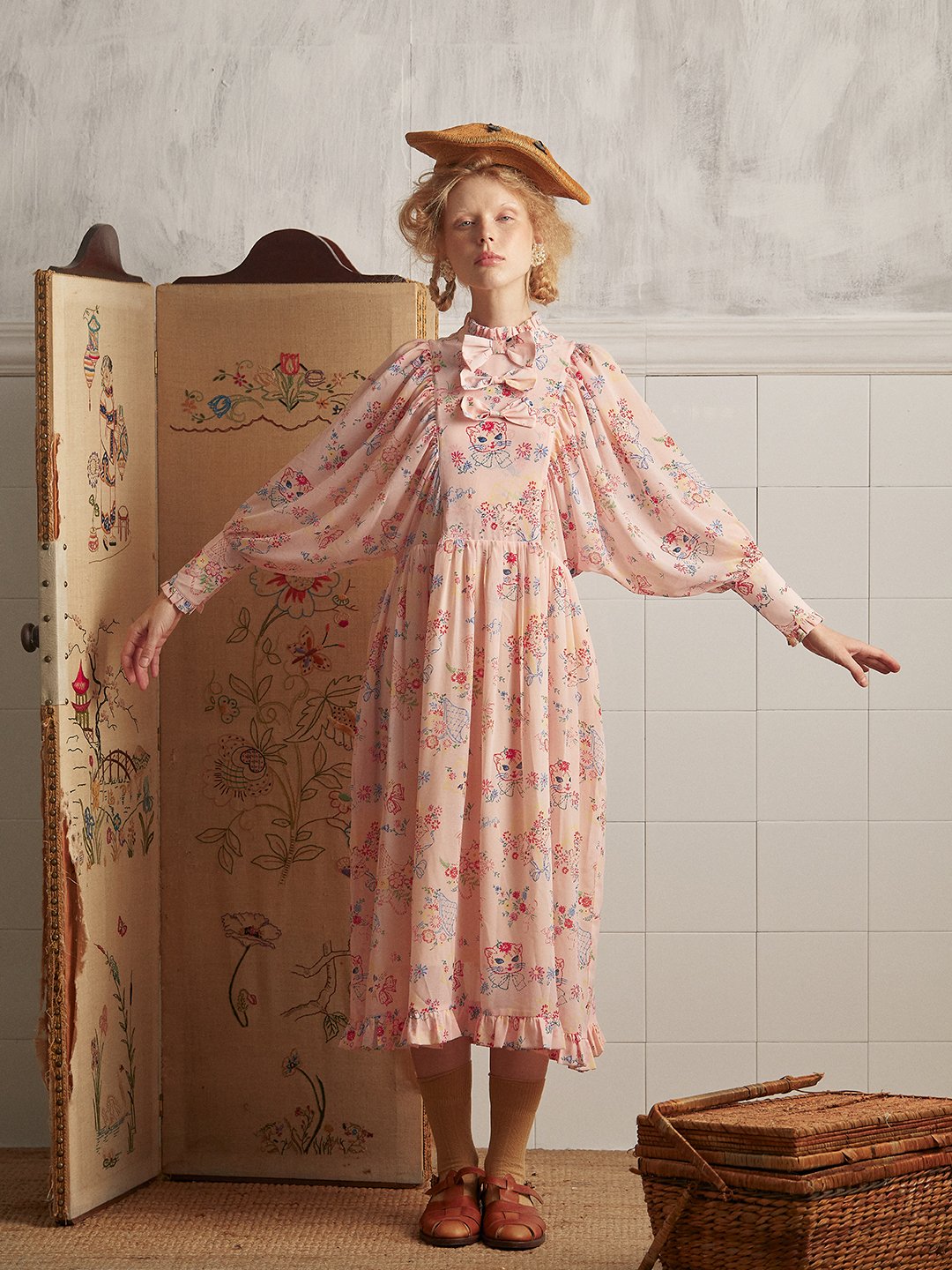 Unlogical Poem Vintage-style Cat Illustration Printed Chiffon Dress