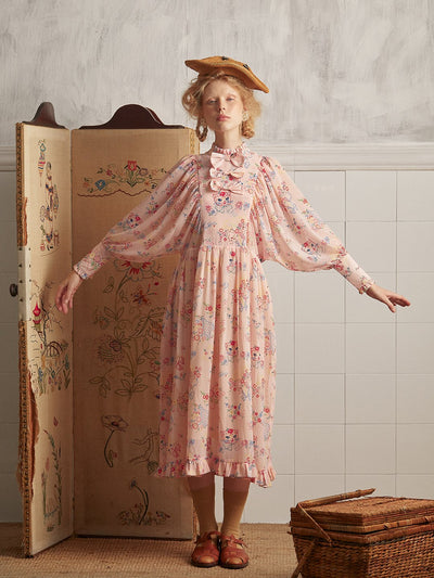 Unlogical Poem Vintage-style Cat Illustration Printed Chiffon Dress