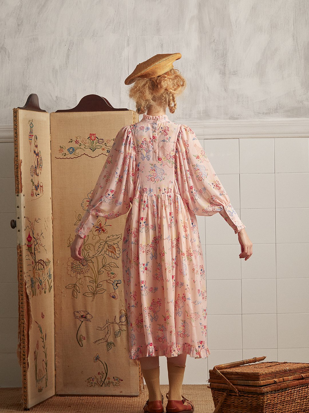 Unlogical Poem Vintage-style Cat Illustration Printed Chiffon Dress