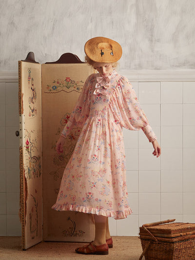 Unlogical Poem Vintage-style Cat Illustration Printed Chiffon Dress