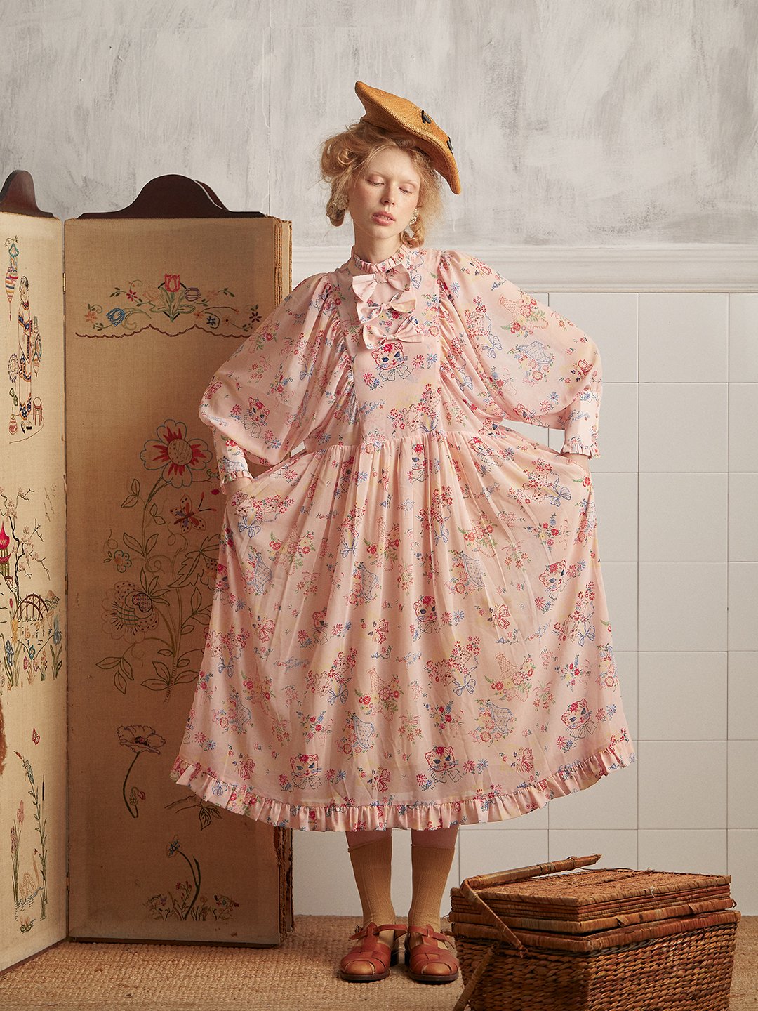 Unlogical Poem Vintage-style Cat Illustration Printed Chiffon Dress