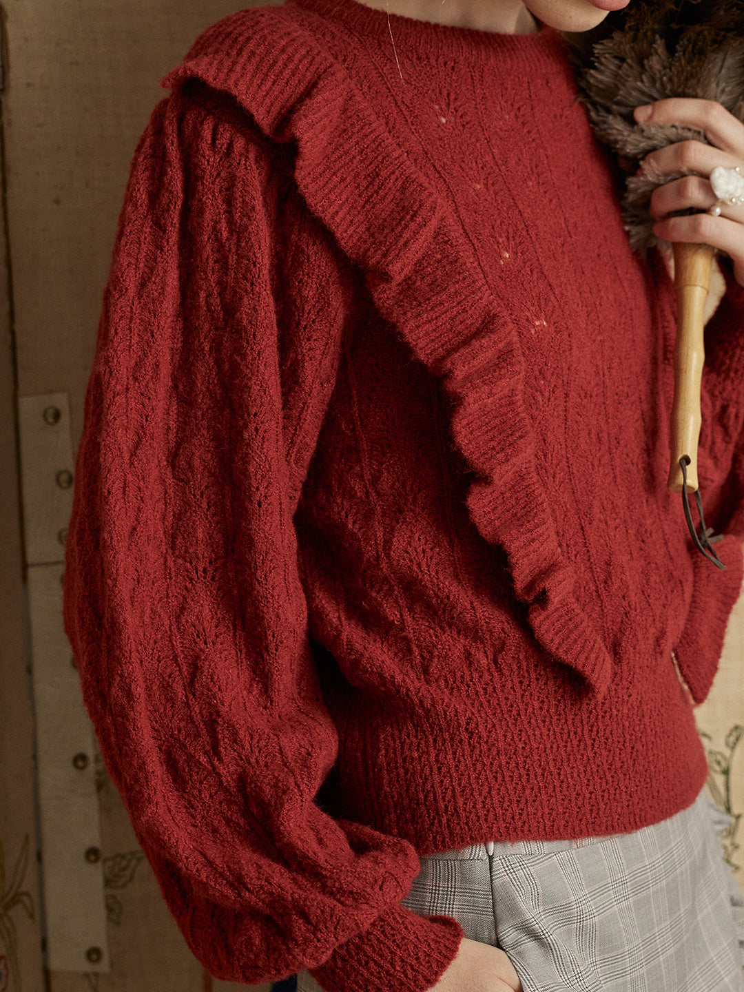 Unlogical Poem Ruffled Crocheted Lantern Sleeve Knitted Sweater