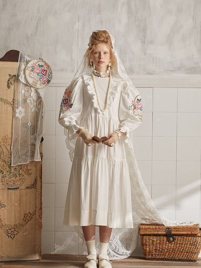Unlogical Poem Puff Sleeve Embroidered Dress M / White Unlogical Poem Puff Sleeve Embroidered Dress M / White
