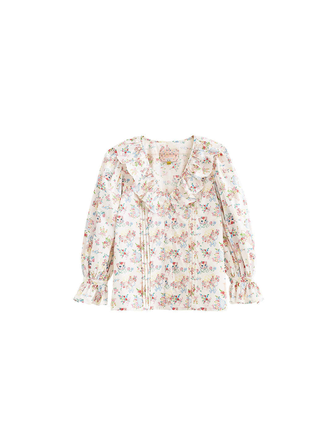 Unlogical Poem Vintage V-Neck Ruffled Cat Floral Shirt