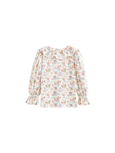 Unlogical Poem Vintage V-Neck Ruffled Cat Floral Shirt