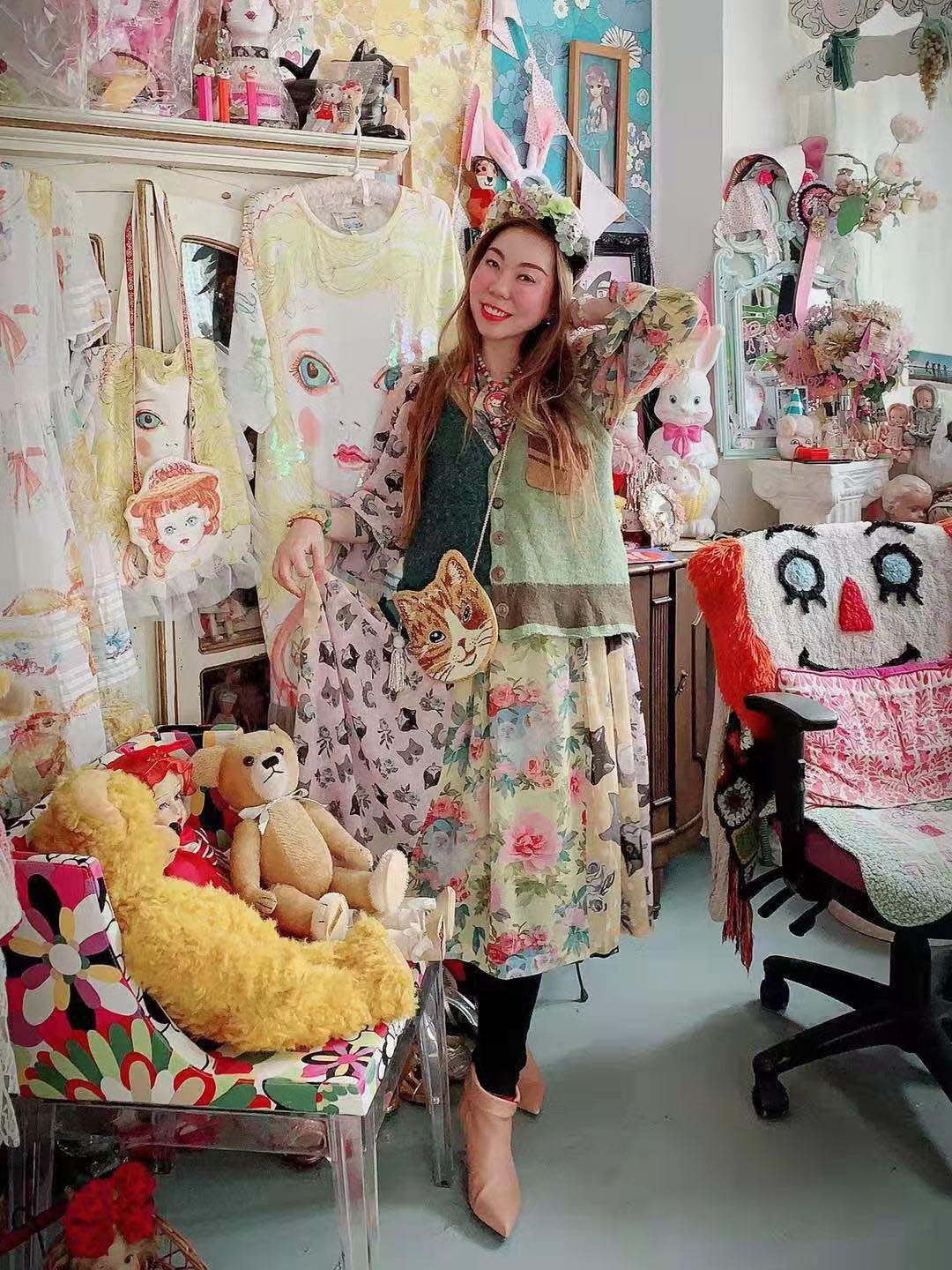 Unlogical Poem  Illustrated Print Patchwork Chiffon Dress