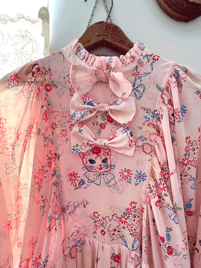 Unlogical Poem Vintage-style Cat Illustration Printed Chiffon Dress