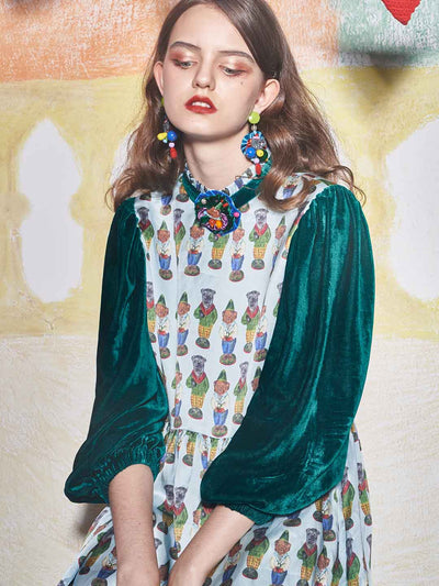 Unlogical Poem Retro Circus Illustration Stitching Velvet Dress