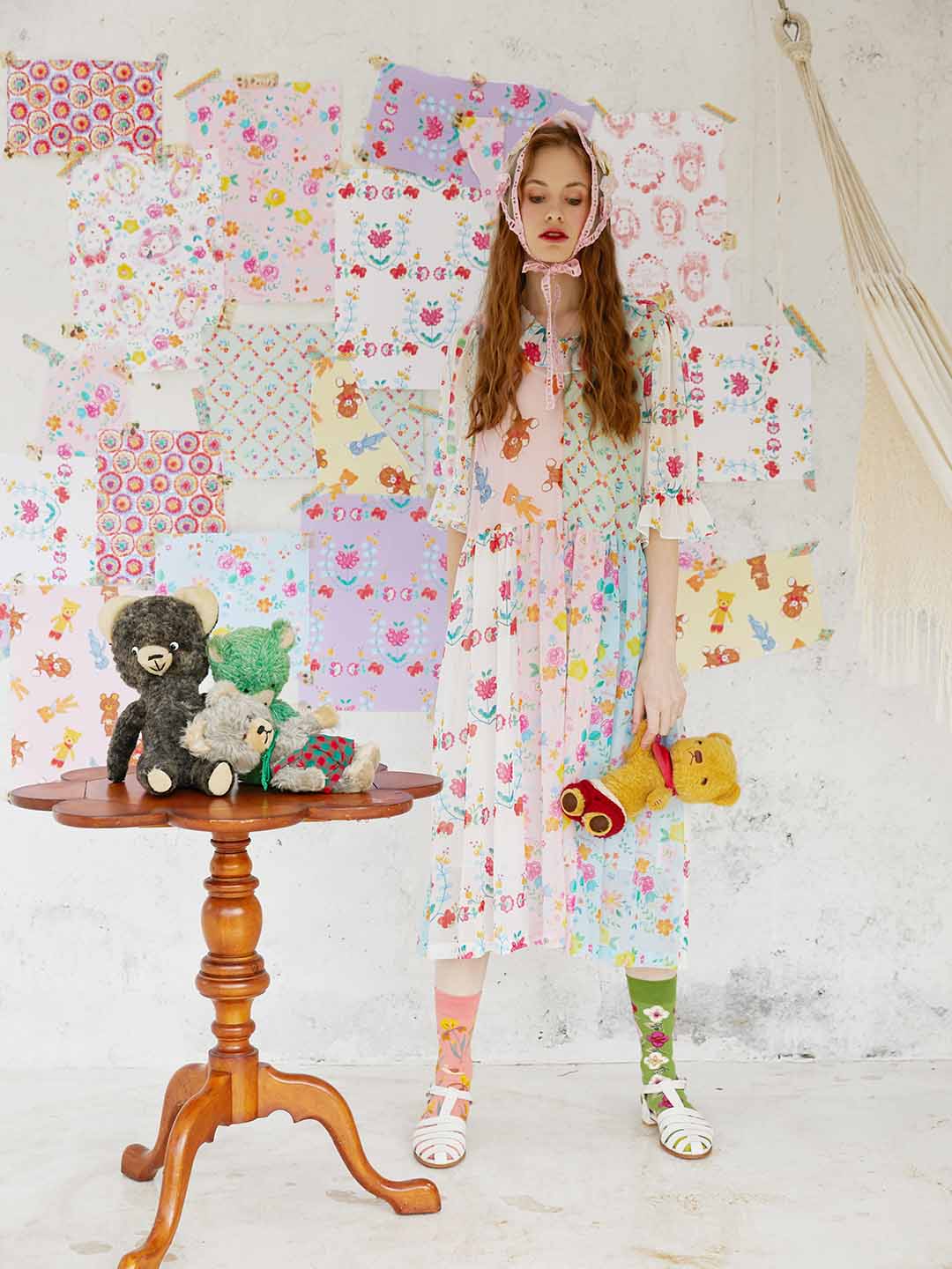 Unlogical Poem Illustrated Print Patchwork Chiffon Dress