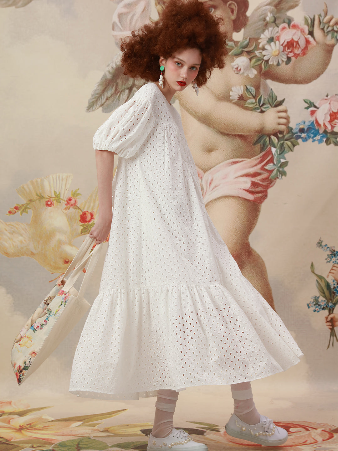 Unlogical Poem Embroidered Hand-Beaded  Puff Sleeve Cotton Dress