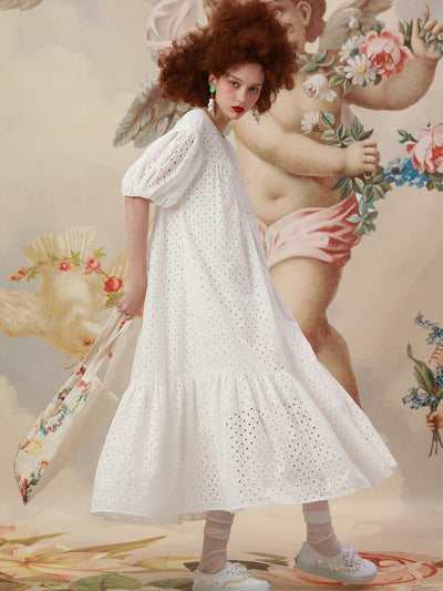 Unlogical Poem Embroidered Hand-Beaded  Puff Sleeve Cotton Dress