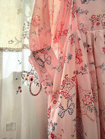 Unlogical Poem Vintage-style Cat Illustration Printed Chiffon Dress