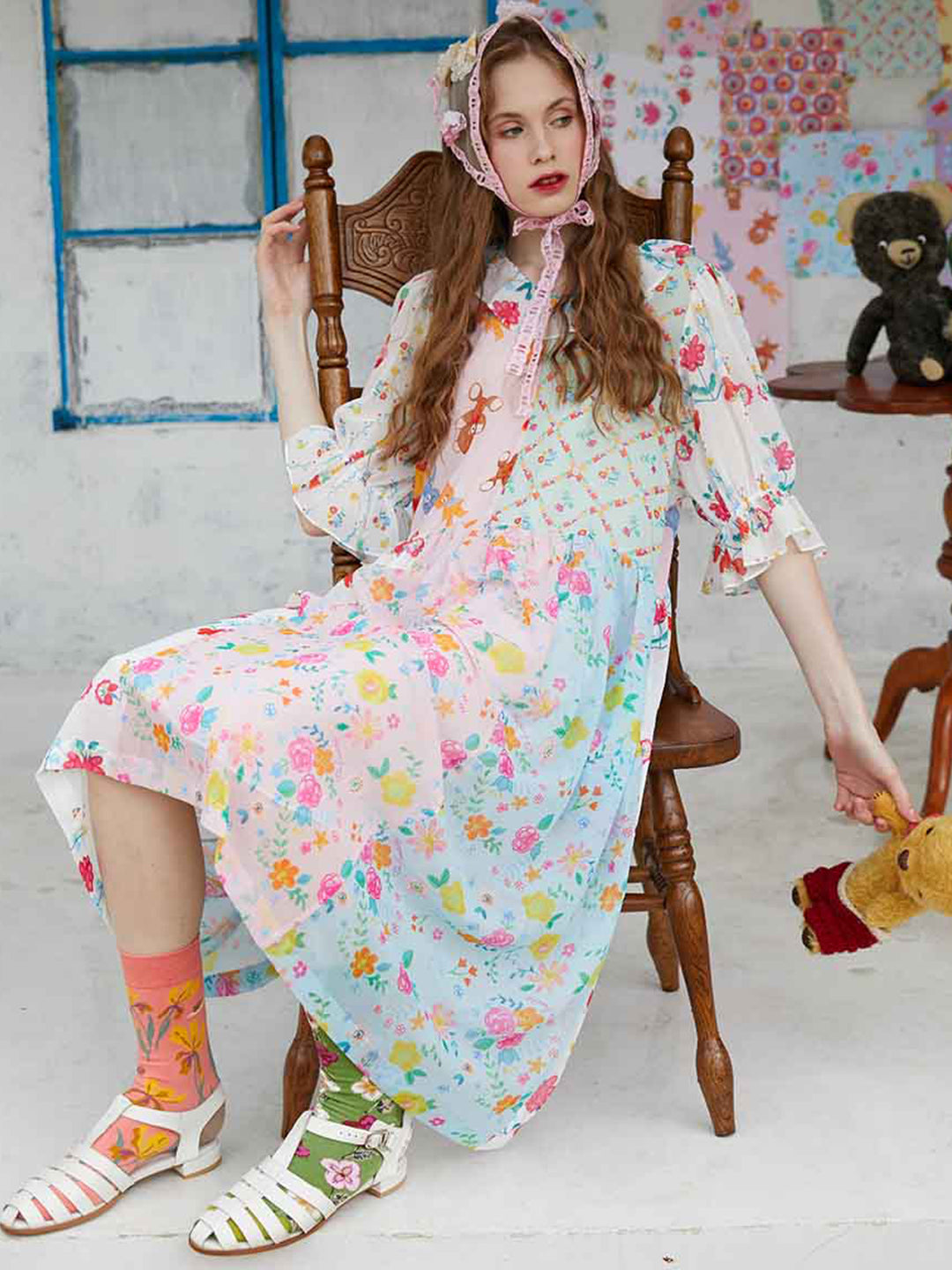 Unlogical Poem Illustrated Print Patchwork Chiffon Dress
