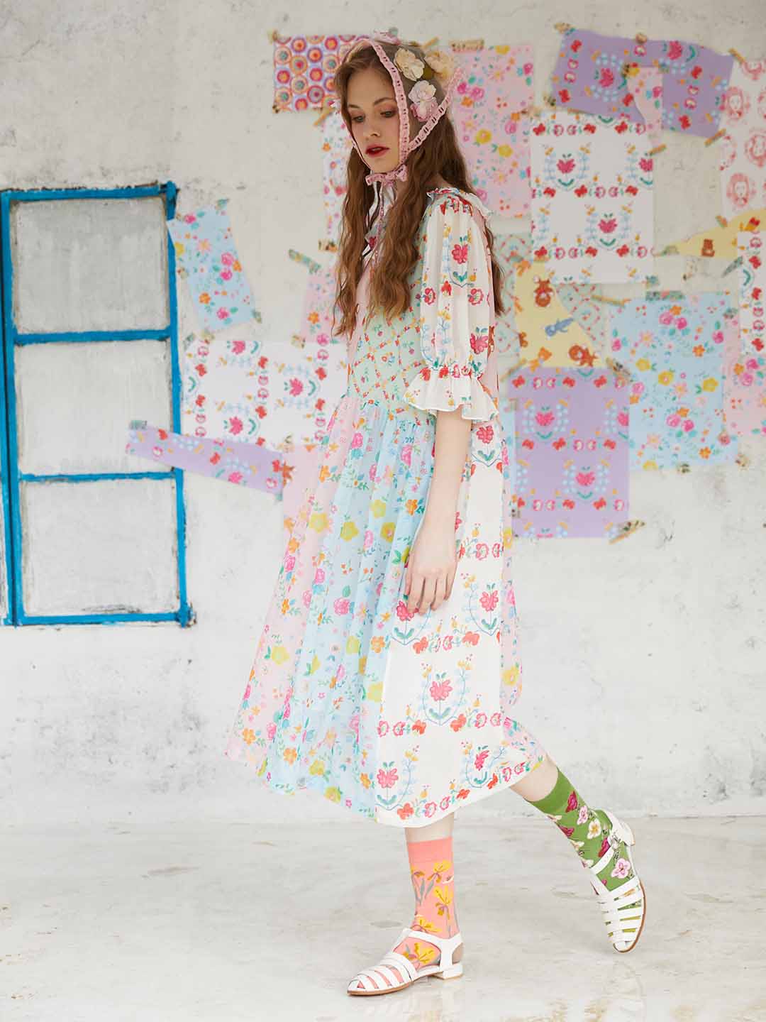 Unlogical Poem Illustrated Print Patchwork Chiffon Dress
