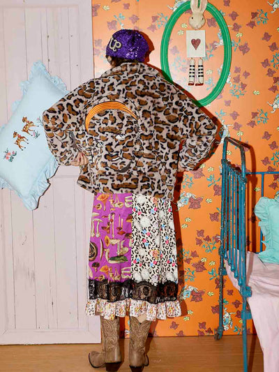 Unlogical Poem Pink Leopard Print Fake Fur Embroidered Jacket