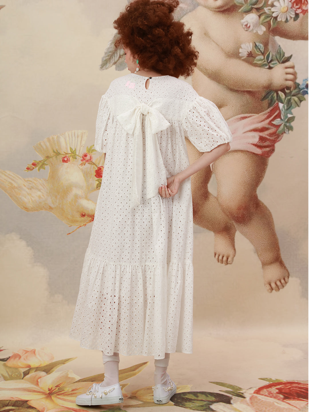 Unlogical Poem Embroidered Hand-Beaded  Puff Sleeve Cotton Dress