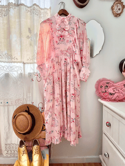 Unlogical Poem Vintage-style Cat Illustration Printed Chiffon Dress