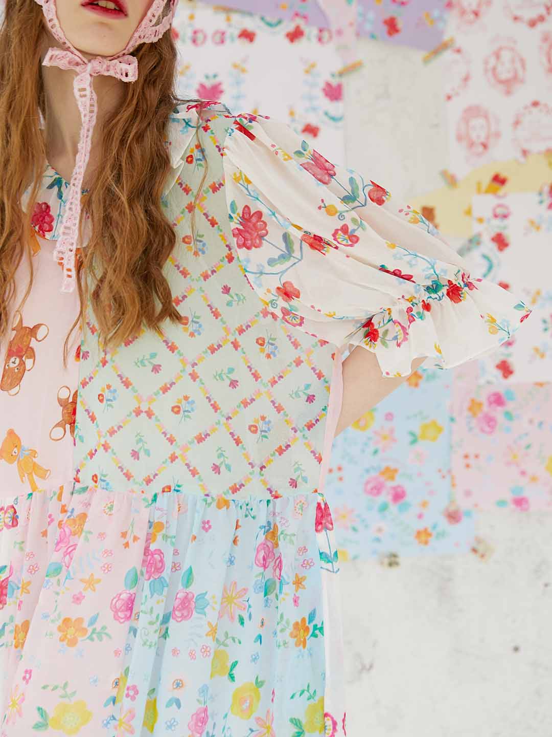 Unlogical Poem Illustrated Print Patchwork Chiffon Dress