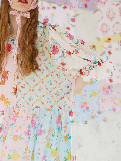 Unlogical Poem Illustrated Print Patchwork Chiffon Dress