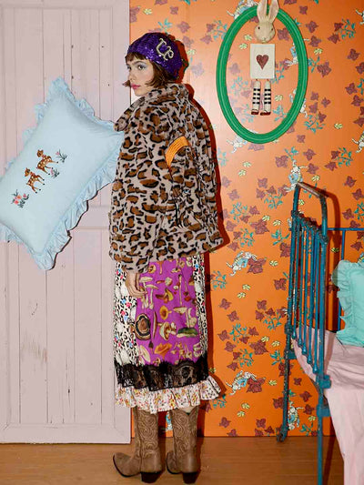 Unlogical Poem Pink Leopard Print Fake Fur Embroidered Jacket