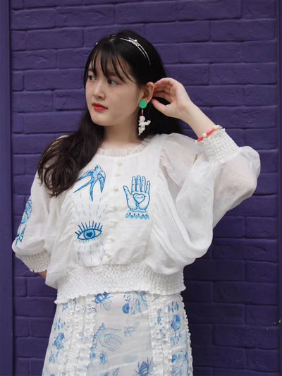 Unlogical Poem Embroidered Silk Linen Batwing Sleeve Top-Red