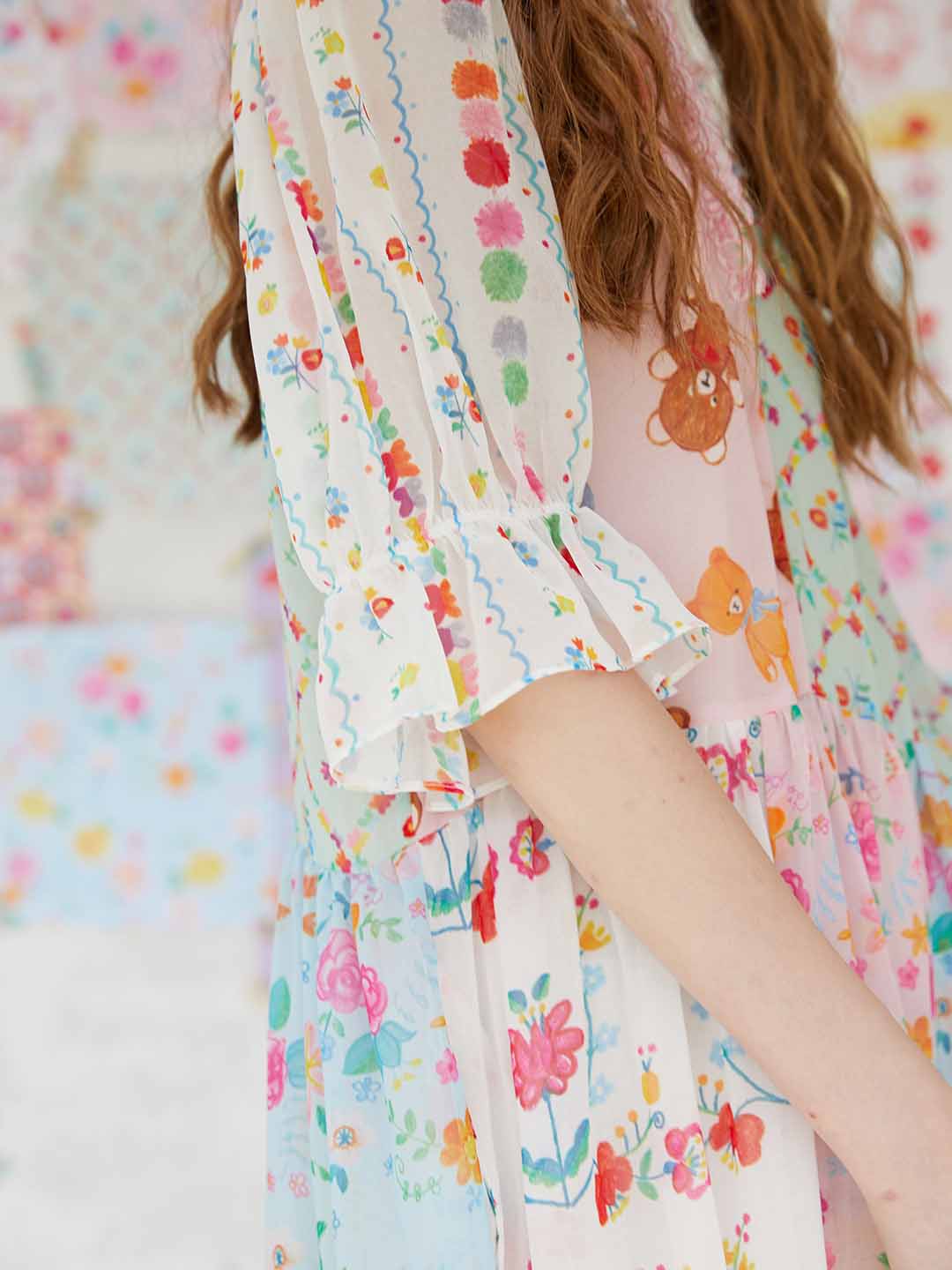 Unlogical Poem Illustrated Print Patchwork Chiffon Dress