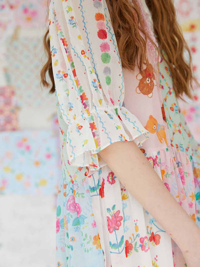 Unlogical Poem Illustrated Print Patchwork Chiffon Dress