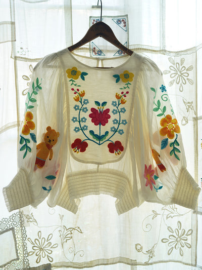 Unlogical Poem Bohemian Illustration Embroidery Silk Linen Batwing Sleeve Top