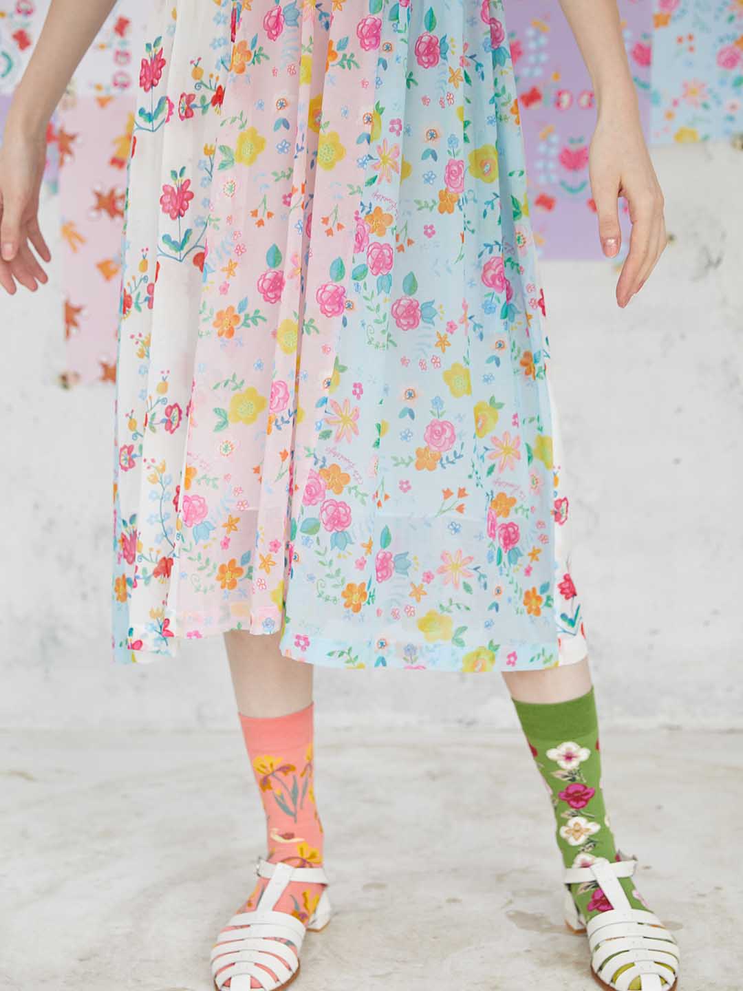 Unlogical Poem Illustrated Print Patchwork Chiffon Dress