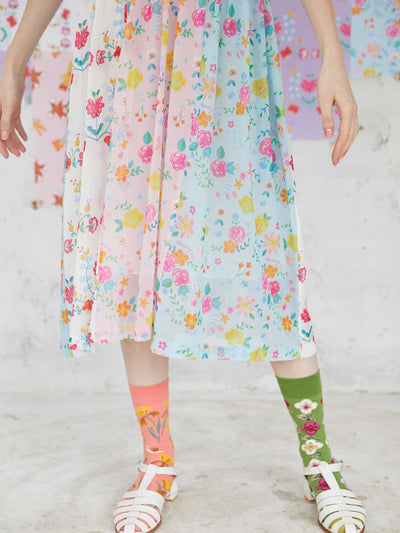 Unlogical Poem Illustrated Print Patchwork Chiffon Dress