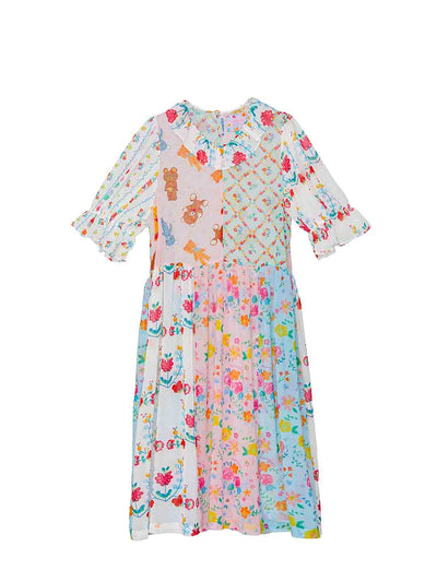 Unlogical Poem Illustrated Print Patchwork Chiffon Dress