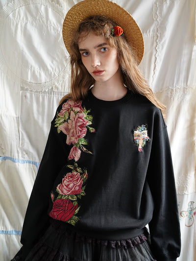 Unlogical Poem Rose Patchwork Black Sweater