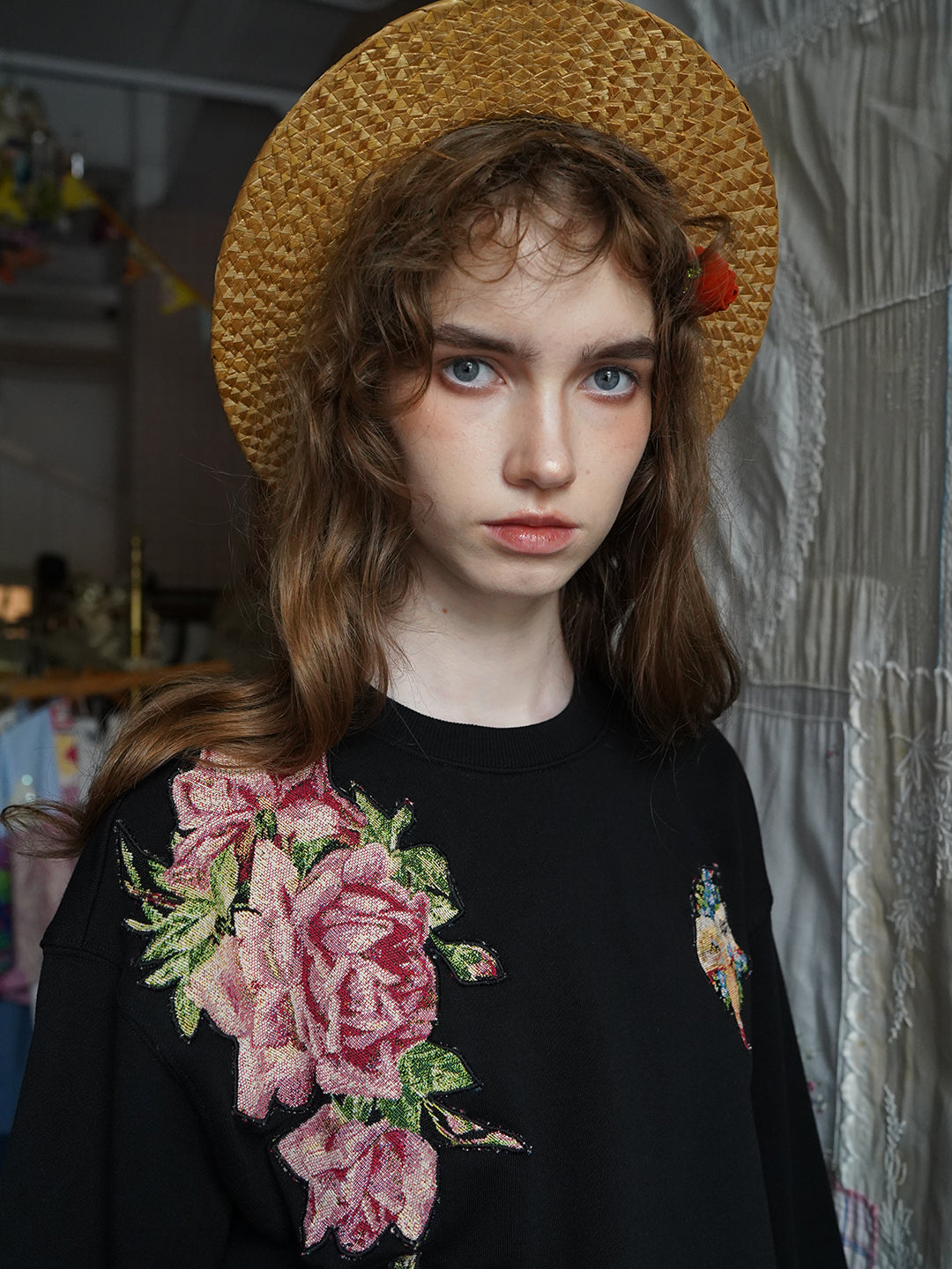 Unlogical Poem Rose Patchwork Black Sweater