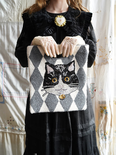 Unlogical Poem Bulldog Rhombic Woolen Embroidery Knitting Bag