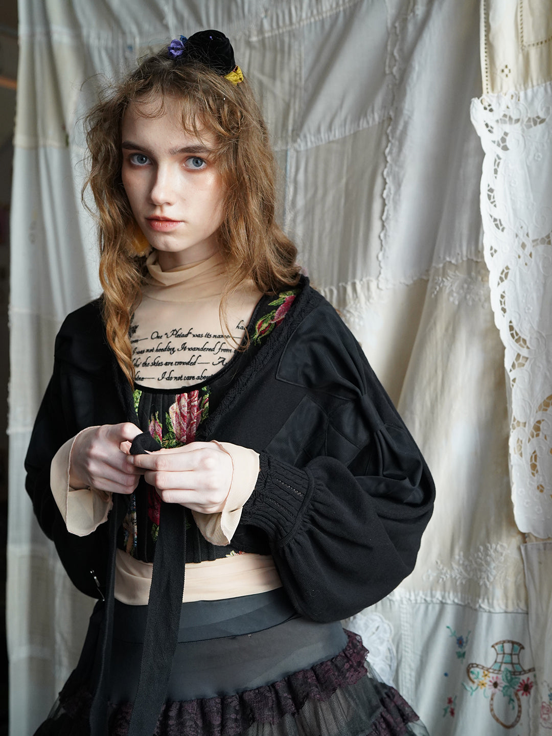 Unlogical Poem Poetry-embroidered Cape Sleeve Knit Cardigan